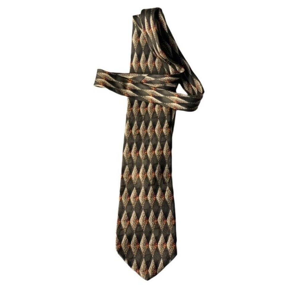Tom James Necktie Tall Men's Silk Brown Diamond Print 68"x3.75"